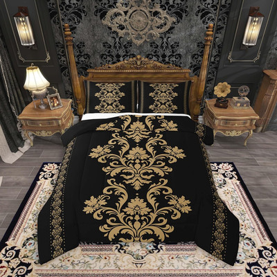 Black Gold Damask Queen Bedding Set for Kids Gothic Vintage Comforter 3Pcs
