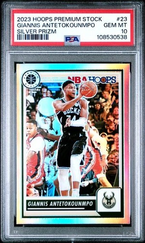 2023 Hoops Premium Stock Giannis Antetokounmpo PSA 10 GEM SILVER PRIZM #23 Bucks