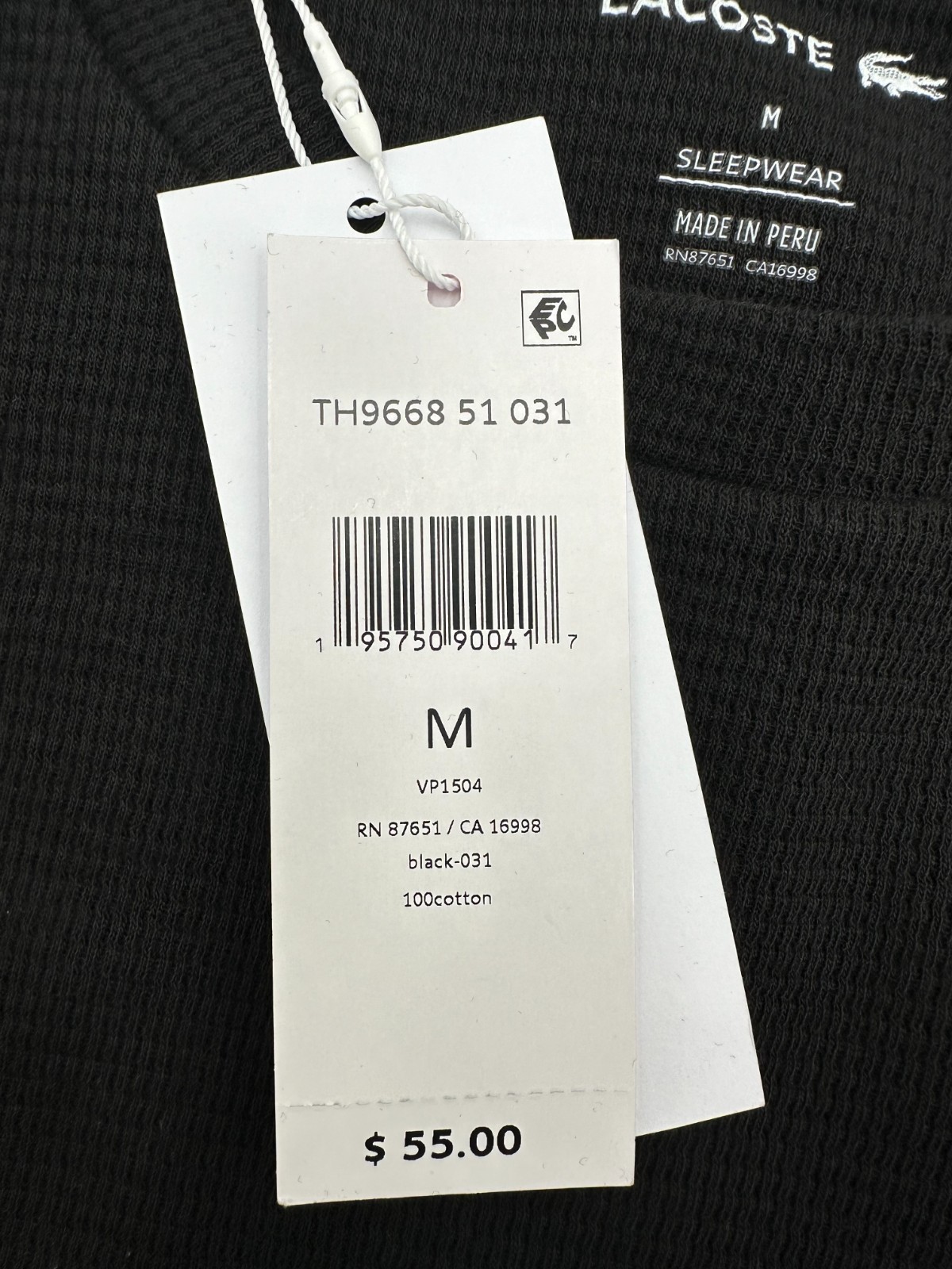 $55 Lacoste Men's Waffle Knit Thermal Sleep Shirt - Black - Medium-New With Tag thumbnail 16