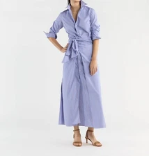 Ann Mashburn Maxi Tie-Waist Shirtdress Blue Red Multi Stripe Poplin