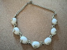 Vintage White Cabocho Choker Necklace, Gold Tone