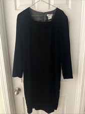 Talbots Sheath Dress Womens Size 8 Black Velvet Long Sleeve Zip Up Midi  Classic