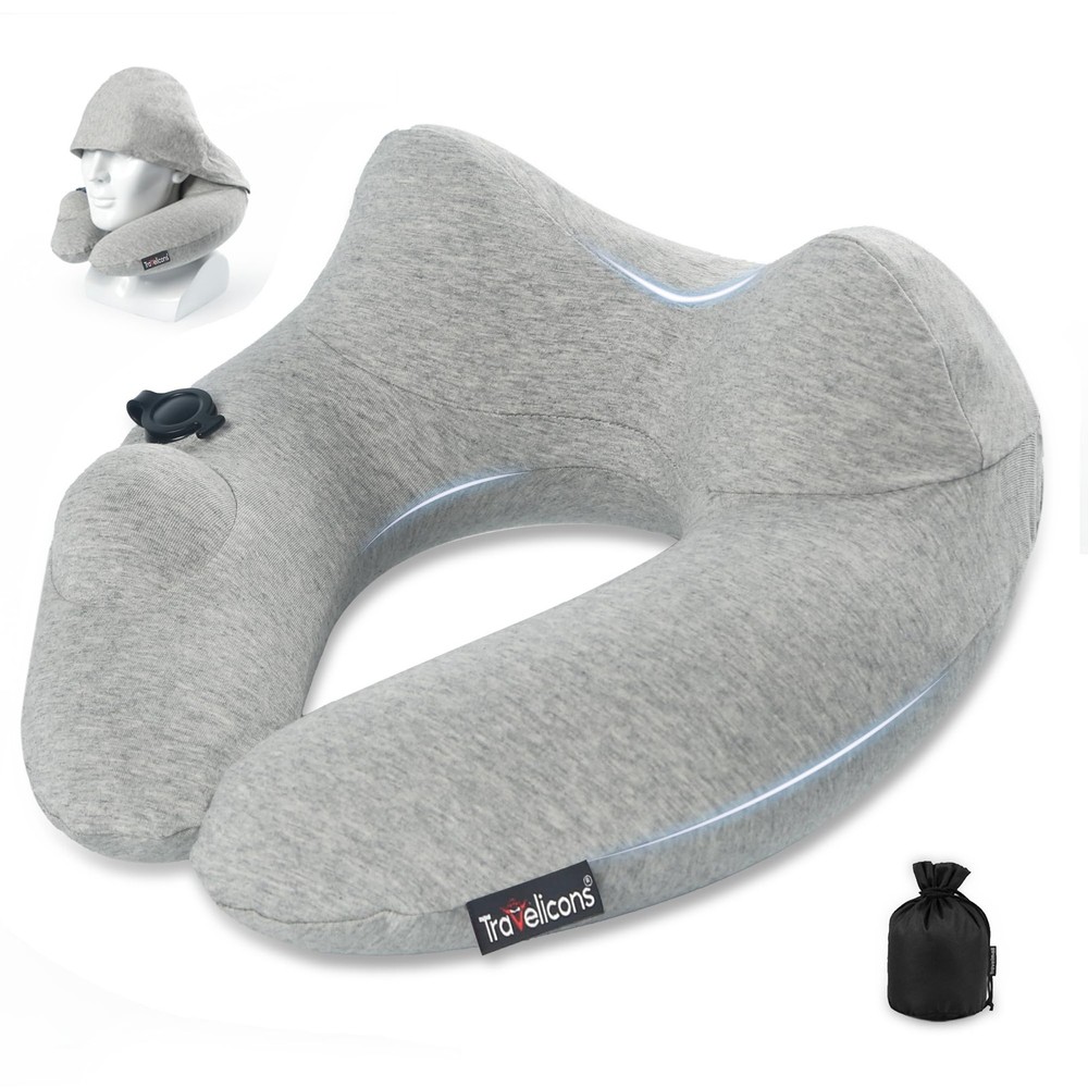 Inflatable Travel Neck Pillow with Hood for Airplane and Car Trips
