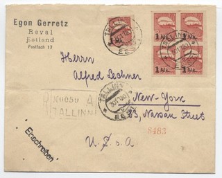 1920 Estonia registered cover to USA 5x 1mk overprint #56 [y10817]