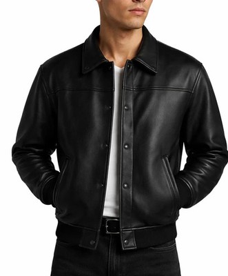 Men's Classic Black Leather Jacket - Men's Genuine Leather Bomber Style Jacket
