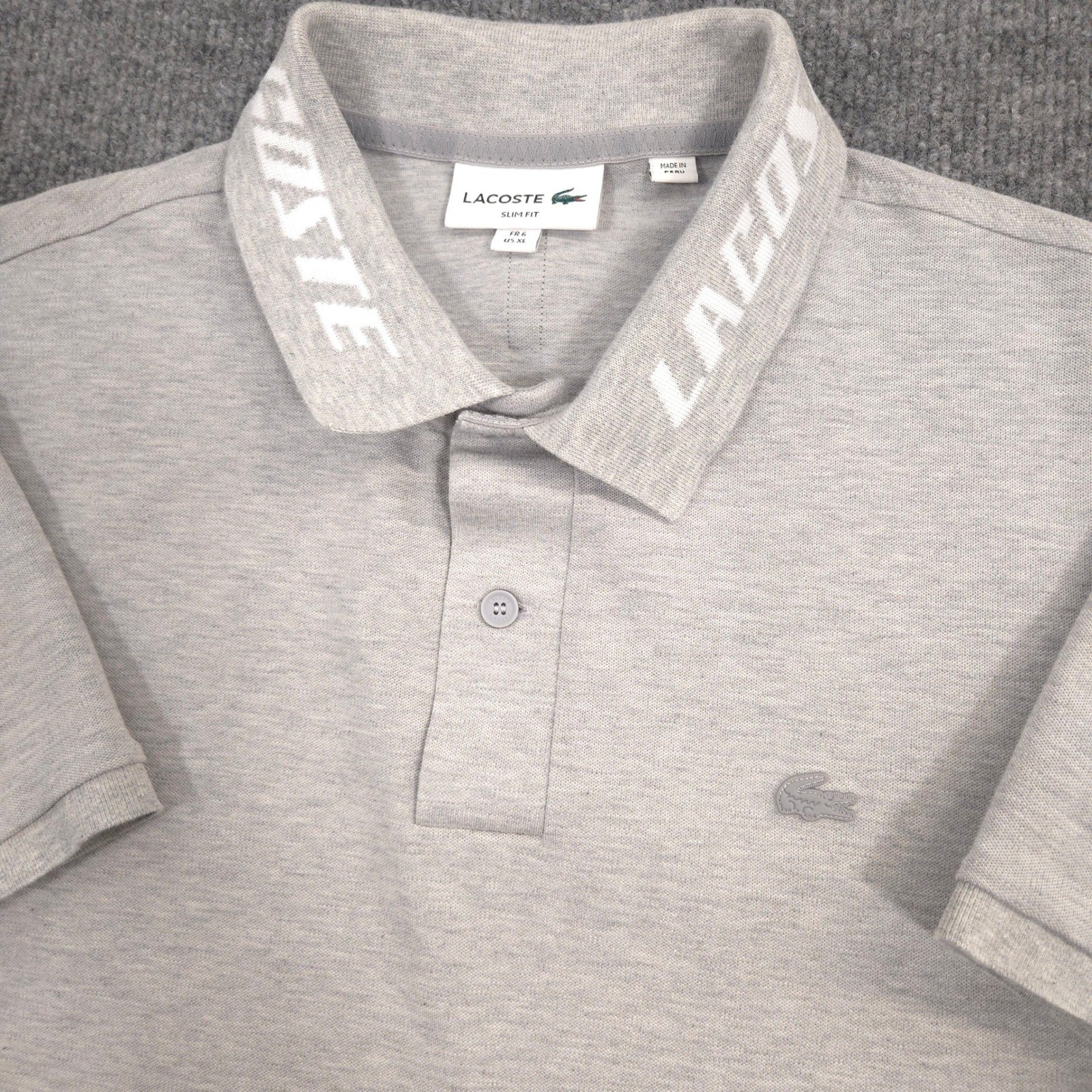 Lacoste Movement Polo Shirt Mens US XL Gray Heather Slim Fit Spell Out Collar