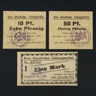 3x Graudenz (Grudziądz) KGL PoW: 10 50 Pfg. 1 Mark 1918 Kriegsgefangenenlager
