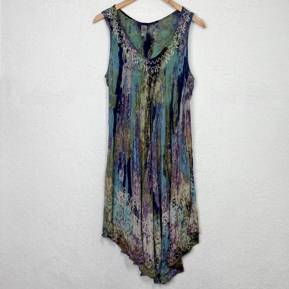 印度精品无袖人造丝迷笛连衣裙自由尺寸蓝色绿色领带染料嬉皮士 — 第 2/4 张图片