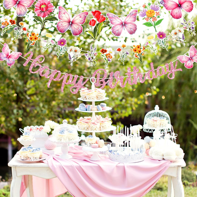 Wildflower Birthday Decorations - Banner Garland & Tablecloth Set Floral Butterfly
