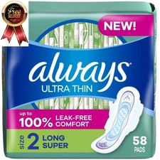 Always Ultra Thin Pads with Wings, Size 2, Long Super Absorbency, 58 Count