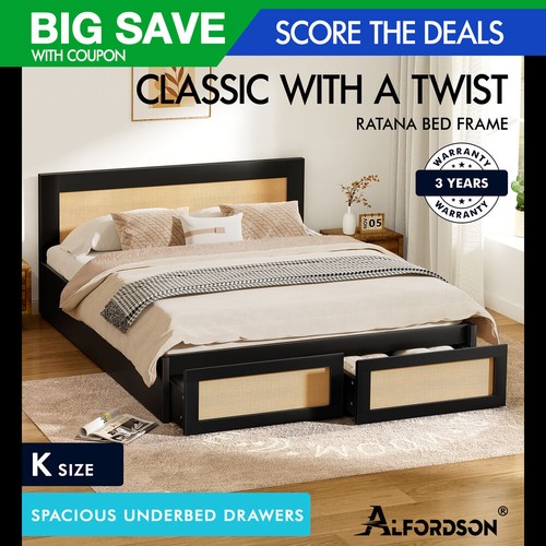 ALFORDSON Wooden Bed Frame King Size Rattan Bed Base with Storage ...