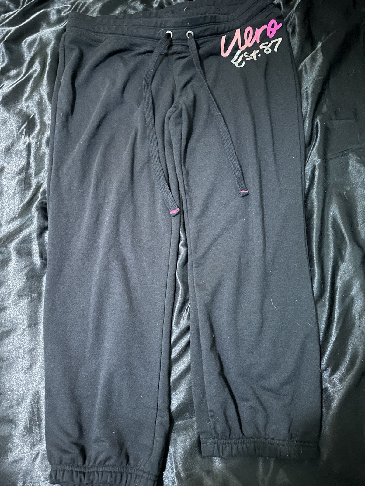 Aero Women's Black Sweatpants L/G Drawstring Elastic Waist Tapered Cotton Blend
