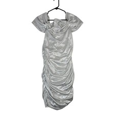 Silver Metallic Off The Shoulder Ruched Mini Dress Bodycon Shimmer Party Dress