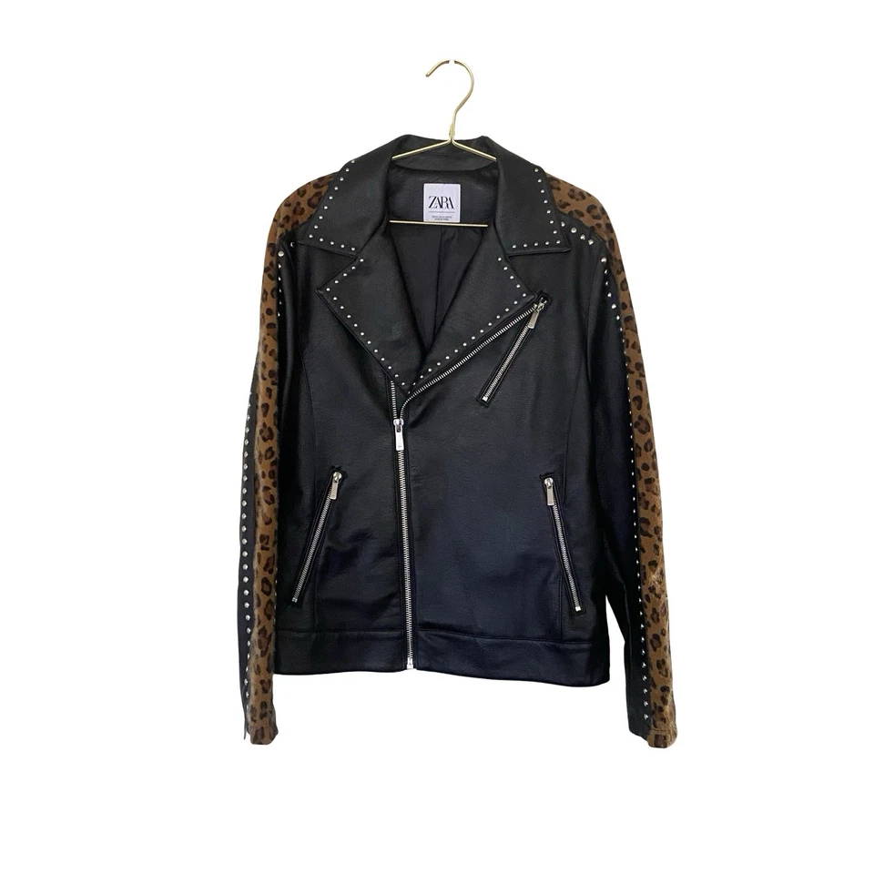 Zara Studded Faux Leather Biker Women's Jacket Size M Leopard Print Studded - Image 2 of 4