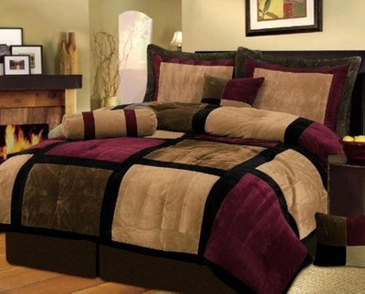 Grand Linen 7 Piece Burgundy Brown Black Bed in a Bag Micro Queen, 