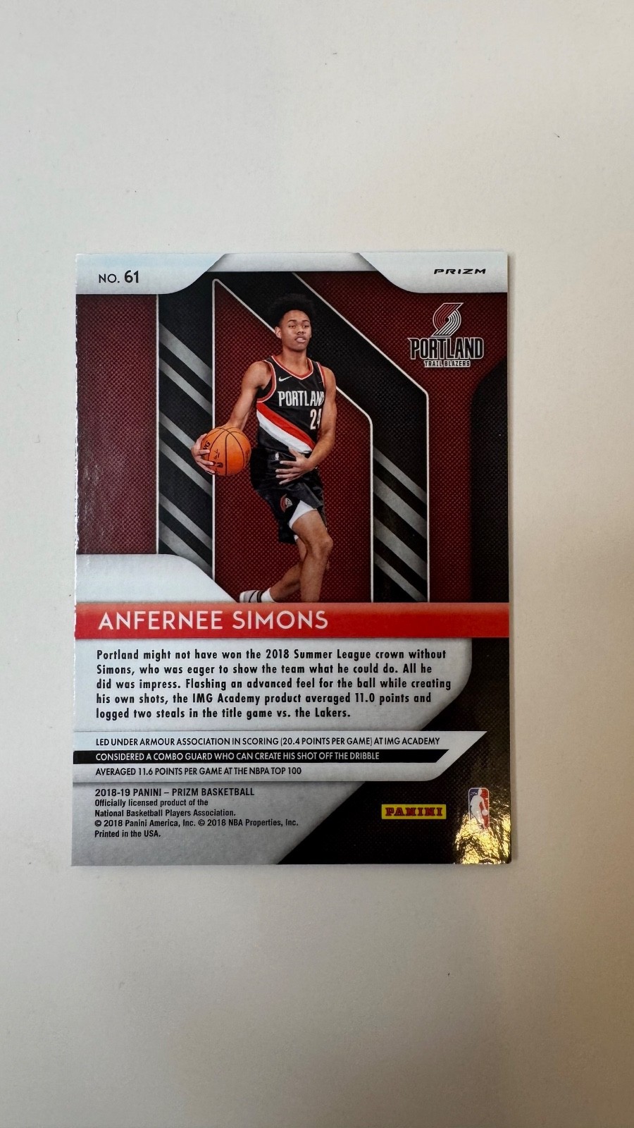 Panini Prizm 2018-19 Anfernee Simons #61 Green Prizm Rookie Trail Blazers NBA