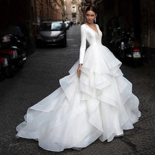 V-neck Wedding Dresses Simple Tulle Button Back Satin Sweep Train Bridal Gowns