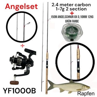 Angelset 2,4m Carbon Spinnrute + Rolle + 150m Geflechtschnur Perfekt für Rapfen