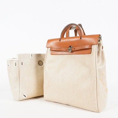 Hermes Herbag Ado PM Backpack Beige Canvas Leather 2way Bag Used 07E404730012