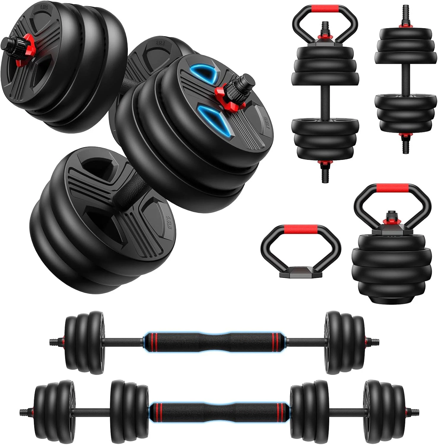 Set mancuernas ajustables 4en1 20lbs barra pesas kettlebell gym en casa