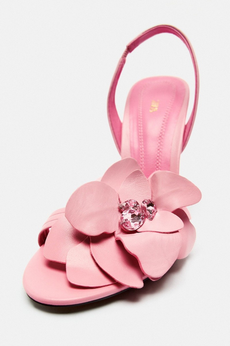 ZARA HIGH-HEEL FLORAL LEATHER SANDALS PINK NEW SS23 SIZE 9