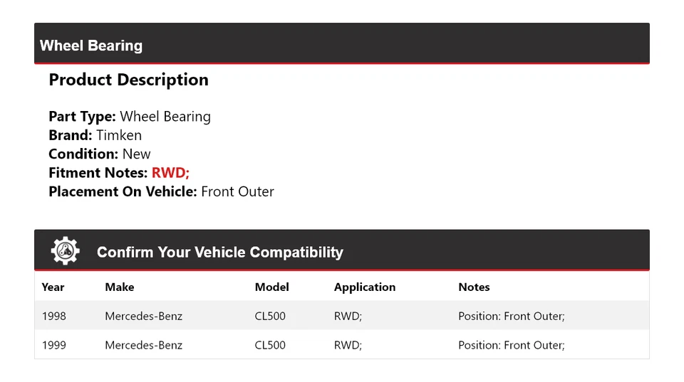 Cojinete de rueda exterior delantero Timken para Mercedes-Benz CL500 1998-1999 tracción trasera Foto 2 de 4