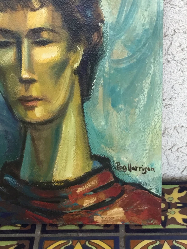 Retrato al óleo Harrison vintage MCM abstracto expresionista años 50 era Beat Foto 3 de 4