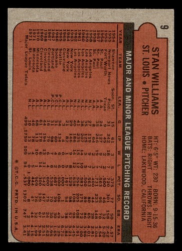1972 Topps Stan Williams Miscut #9 Ex Cardenales de San Luis mal cortado - Imagen 2 de 2