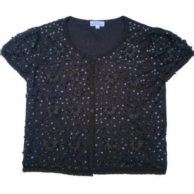 Joseph A ''Qu'est Ce Que C'est Silk'' Cardigan M Black Beaded Sequin Floral