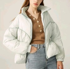 Women Warm Short Puffer Jacket Mint Green Elastic Drawstrin Waist Sz M Down Coat