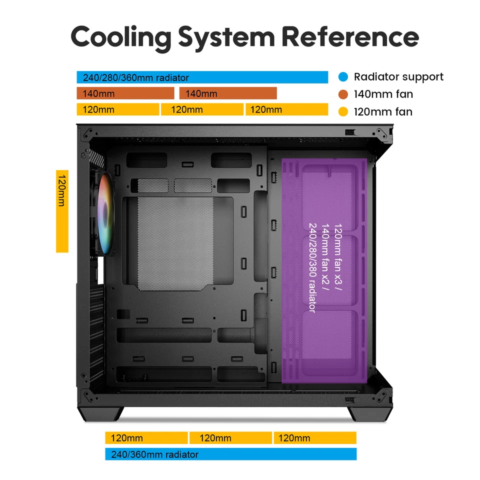 Vetroo AL900 ATX Mid Tow Computer PC Case Tempered Glass w/ARGB & PWM FDB Fan x1 - Image 3 of 4