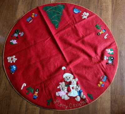 Vtg Bucilla Felt Sequin Teddy Bear Christmas Tree Skirt Completed Handmade 44''