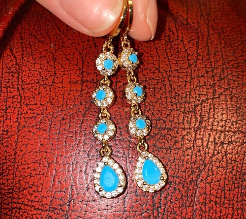 Pear Cut Simulated Blue Turquoise Pretty Drop Earrings In 14k Yellow Gold Plated - Picture 7 of 10