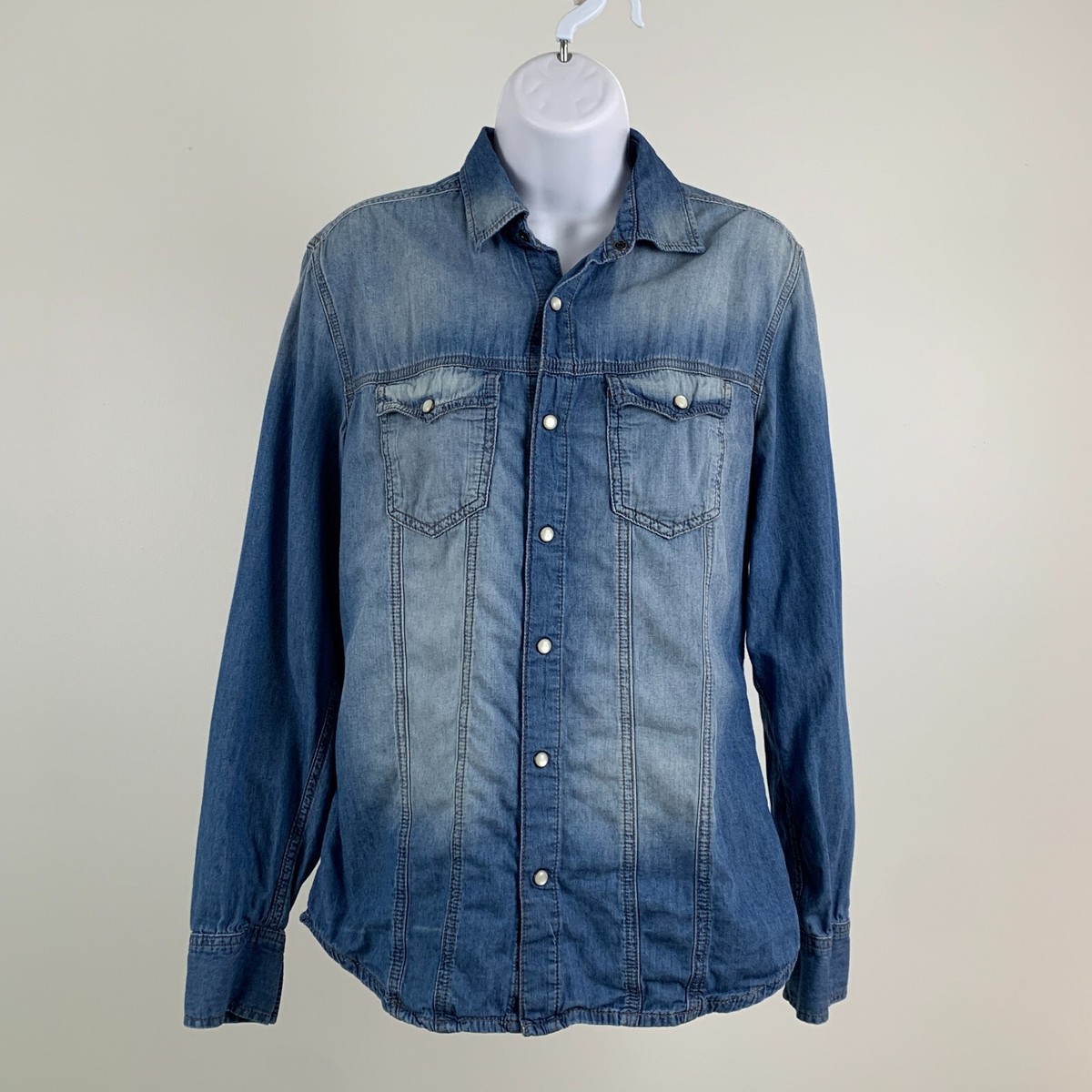 Mavi Jean Co Shirt sz Small Snap Front LS Blue Chambray Faded Look