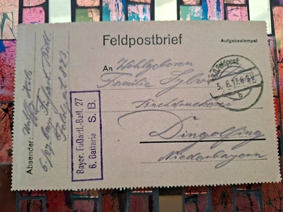1. WK Feldpostbrief 3.06.1917 K.D.Feldpost / Bayer. Fußartl.-Batl.27 6.Batterie - Bild 1 von 4