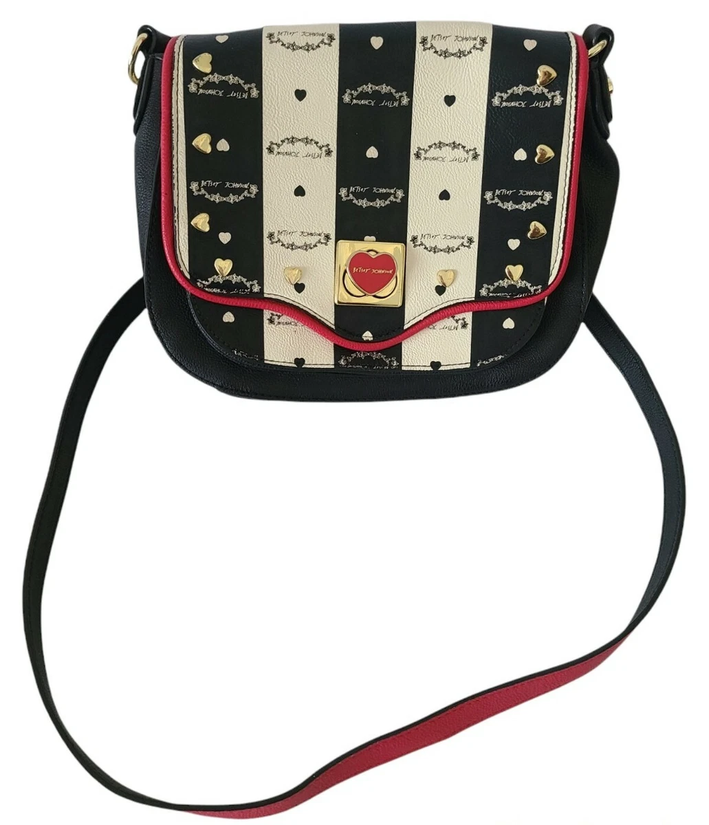 Betsey Johnson Black Bag Purse Shoulder Crossbody Pockets Red Gold Hearts