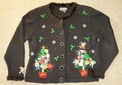 Berek Christmas Sweater cardigan L Large black beaded crystals novelty ...
