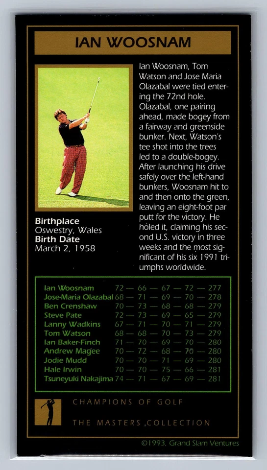 Ian Woosnam 1998 Grand Slam Ventures: The Masters Collection #1991 - Image 2 of 2