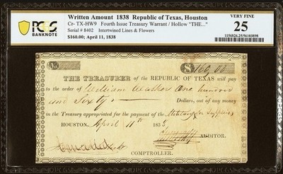 Republic of Texas 1838 Houston TX Treasury Warrant Government $160 Banknote PCGS