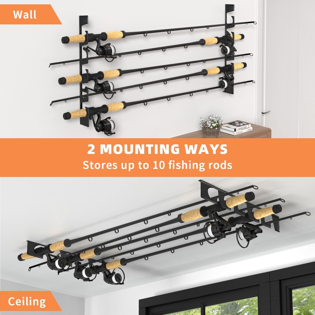 Roylvan Fishing Rod Pole Holders, Wall or Ceiling Mounted Metal Fish Rod Rack with Protective Layers, 2 Set Horizontal Fishing Pole Storage