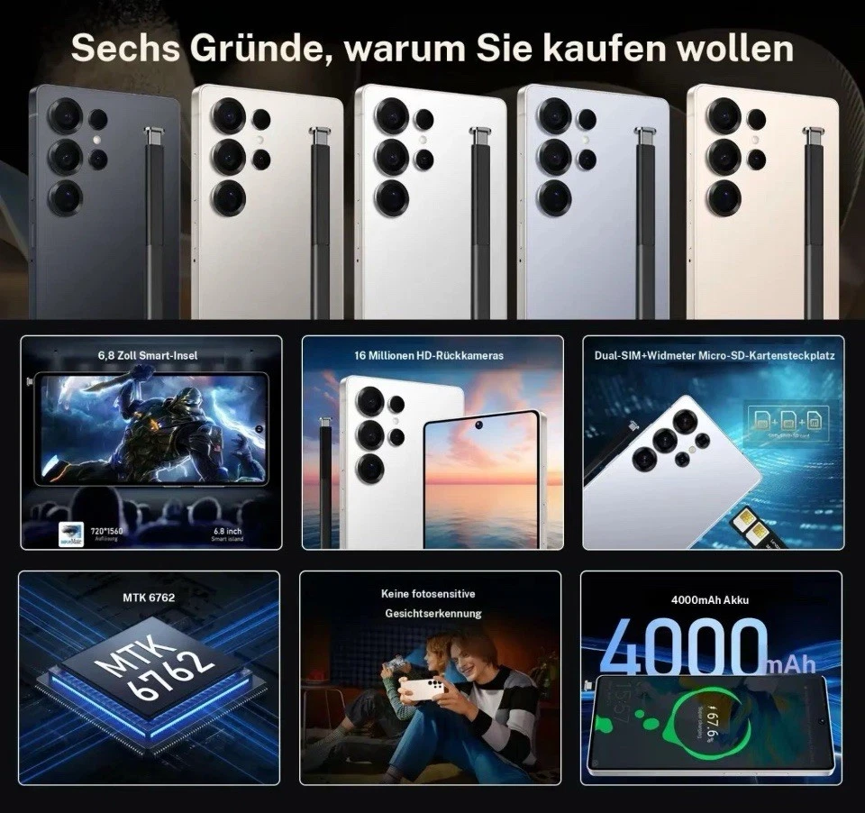 FUFFI 6,8 Zoll Smartphone, 4GNetzwerk Unlocked Phone mit Stift, Android 12.0 - Bild 4 von 4