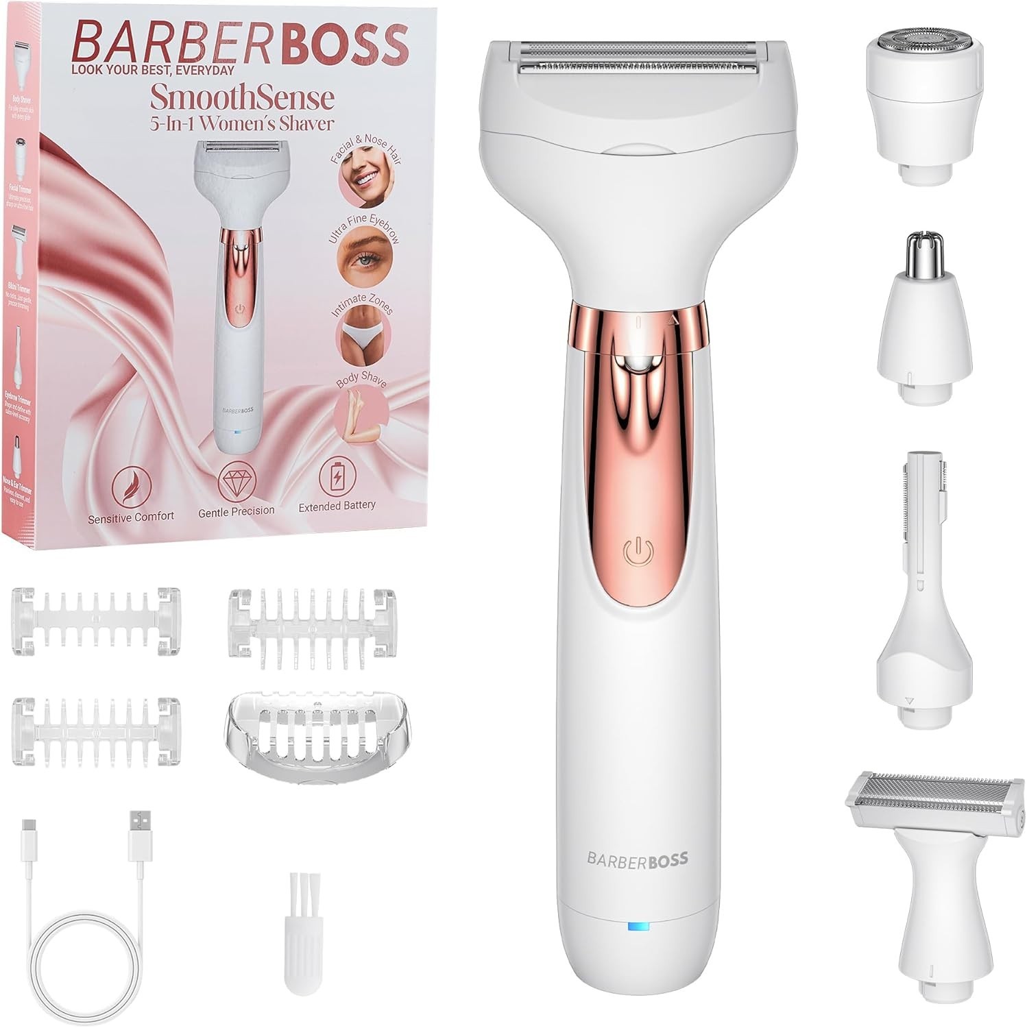 BarberBoss Rasoio elettrico donna 5 in 1, Kit epilazione ricaricabile, Rasoio pe