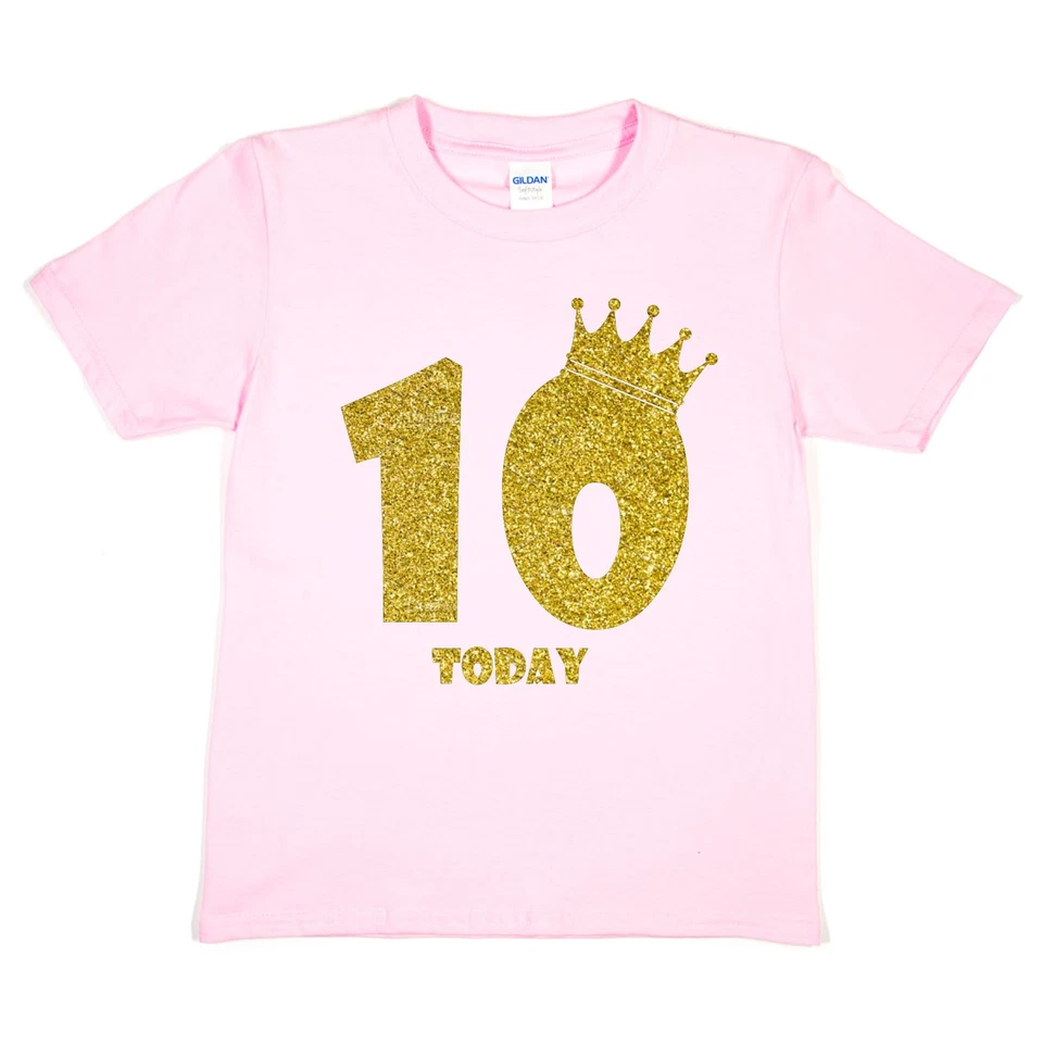 SG GILDAN FRUIT Kids Ten Today Birthday T-shirt In Gold Glitter Happy 10th Birthday Gift
