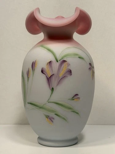 95th Anniversary Fenton Burmese Art Glass Vase, Handpainted by S. Hart #291/2750