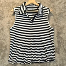 T by Talbots Navy Blue White Stripe Collar Sleeveless Polo Shirt Tennis Golf L