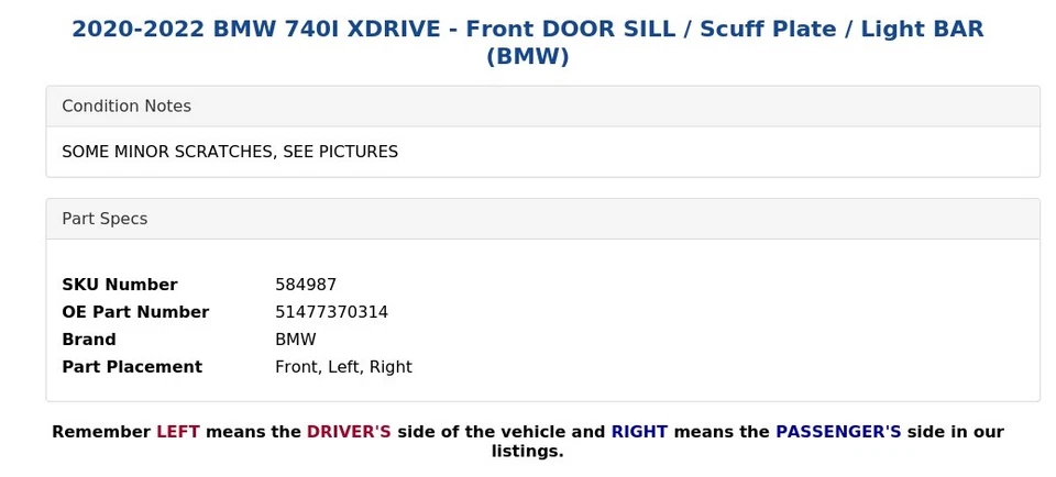 2020-2022 BMW 740I XDRIVE - Front DOOR SILL / Scuff Plate / Light BAR (BMW) - Image 4 of 4