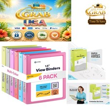 6 Pack A4 1.5 Inch Plastic Binders Assorted Colors Office School 3-Ring