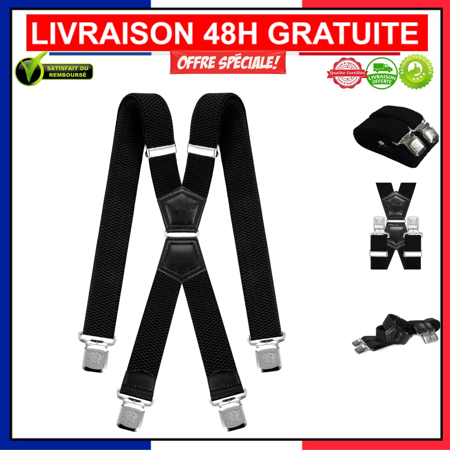 Bretelles de luxe homme noires Decalen 40mm pinces acier haute résistance