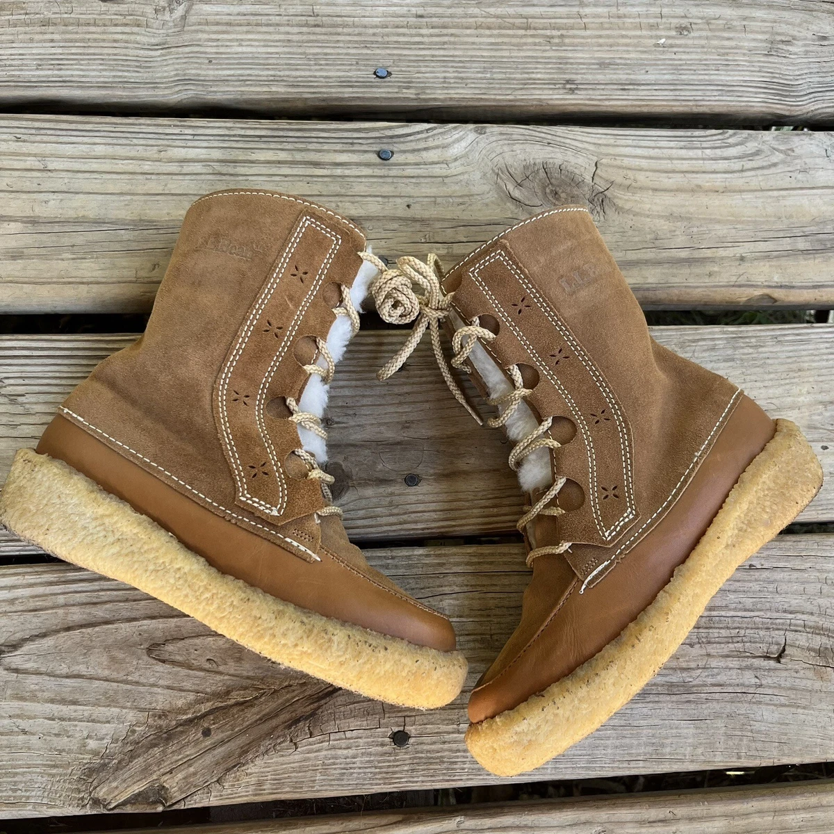 LL BEAN Boots Sherpa Lined Moccasin Brown Suede Crepe Soles Women