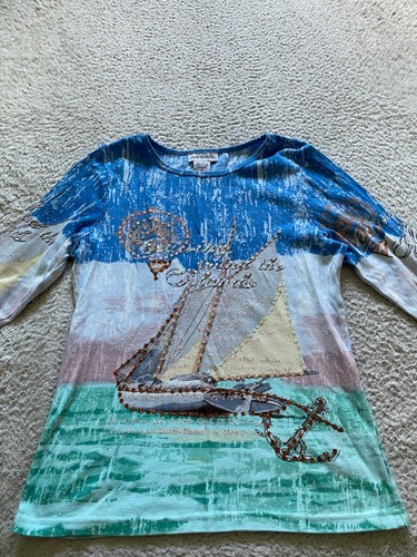 Cruise Wear & Co. Women Sequin Sail 3/4 Sleeve T-Shirt Multicolor Size S